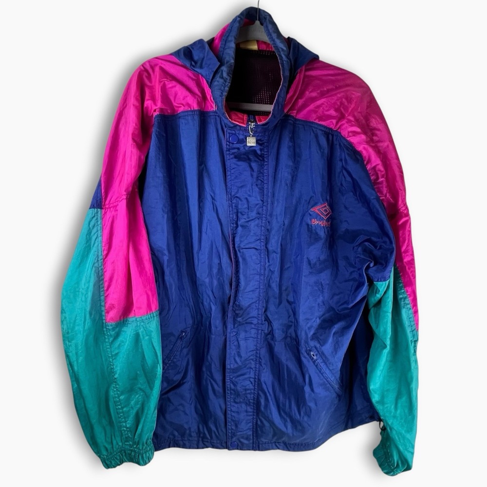 Vintage Umbro Windbreaker Jacket Mens XL Colorblock Pink Blue Hooded